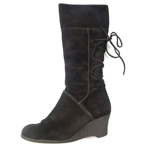 Salamander | Suede Leather Wedge Boots with Decorative Back Lace Up Design - Picture 1 of 9